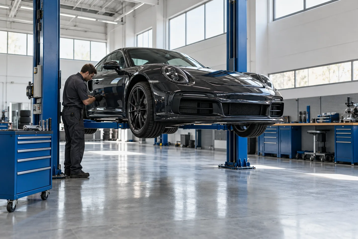 Mechanic inspecting a sports coupe in a bright workshop